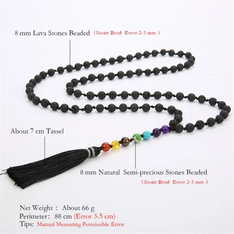 Natural Lava Stone Long 108 Mala Knotted Seven Chakra Pendant Beaded Necklace