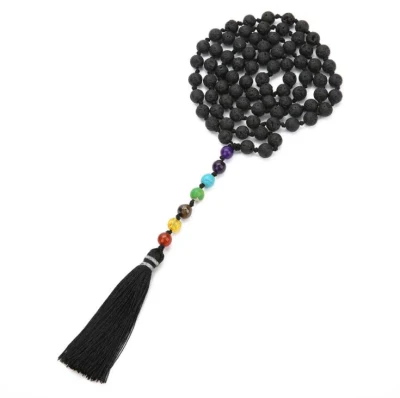 Pedra de lava natural longa 108 mala atada sete chakra pingente colar com contas